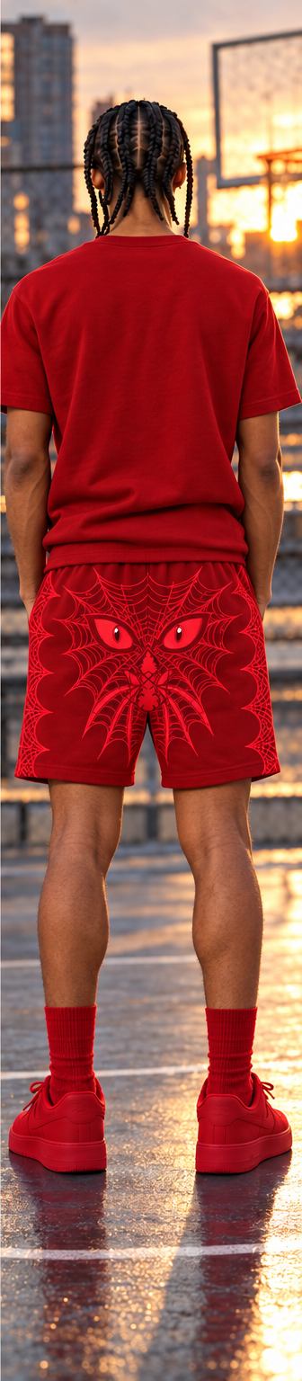 Red MxM spiderweb shorts back view