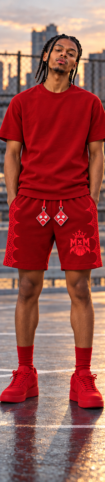 Red MxM spiderweb shorts front view
