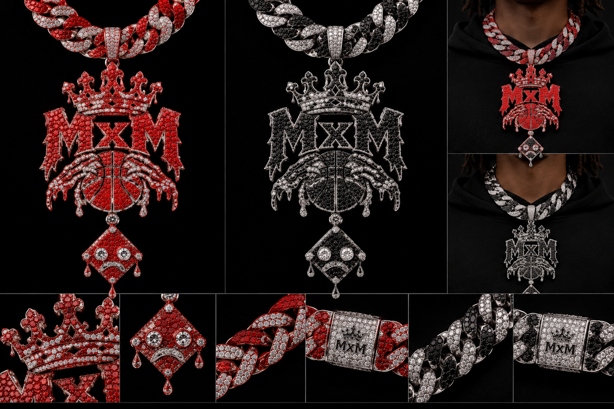 MxM red and black iced crown chain design preview with MxM basketball logo and circular eye charm