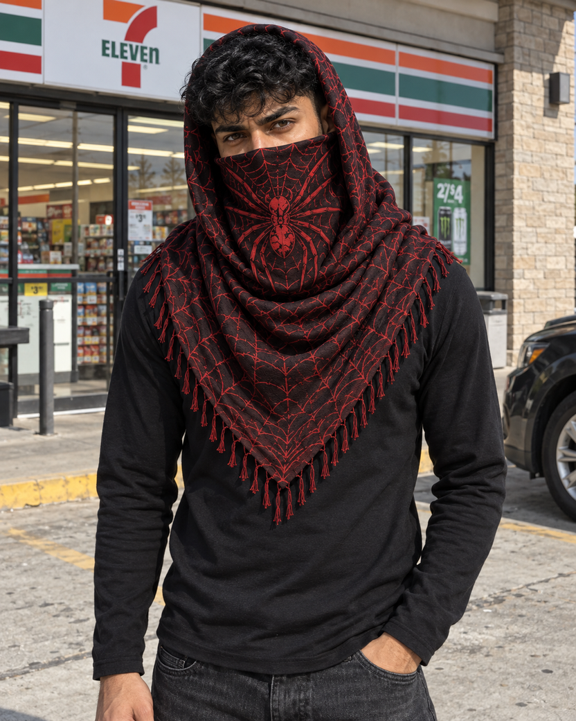 Black & Red keffaya front brown-reference spider placement on face unique model outside neighborhood 7-Eleven
