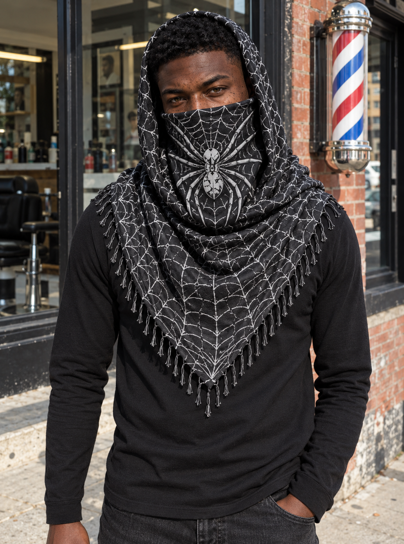 Black & White keffaya front brown-reference spider placement on face unique model outside brick barbershop with striped barber pole and black window frames