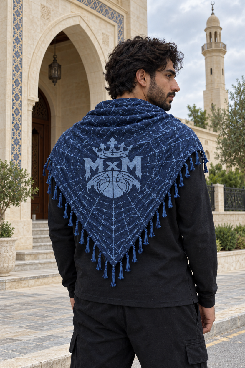 Blue MxM keffaya back view on different model outside mosque