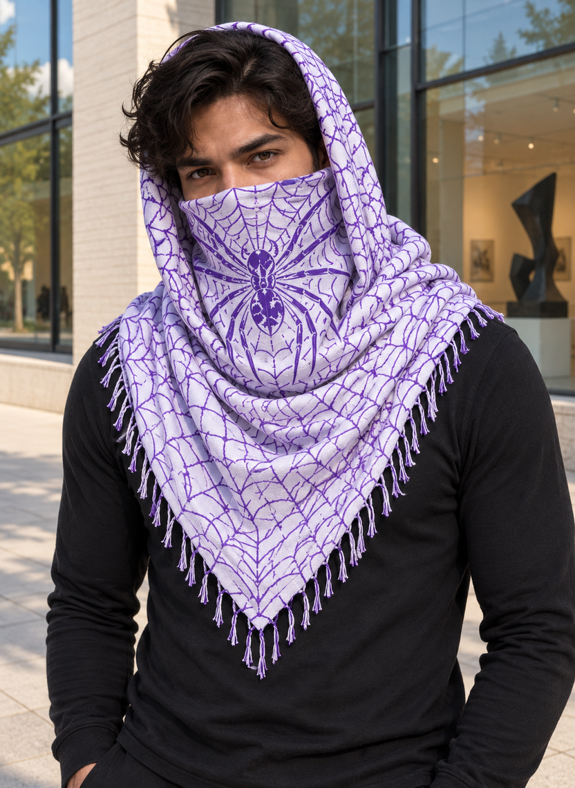 White & Purple MxM keffaya front spider face placement exact brown template, unique model outside contemporary art gallery large glass windows and pale brick facade