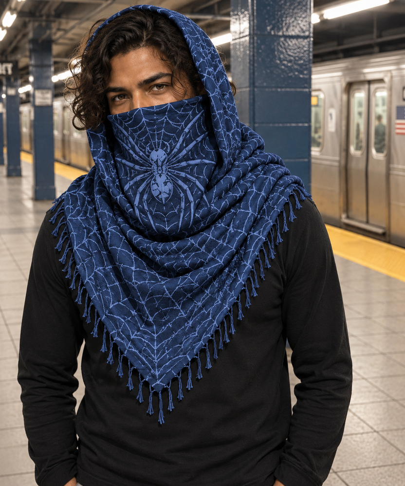 Blue MxM keffaya front spider face placement exact brown template, unique model on subway station platform with tiled columns and parked train well behind