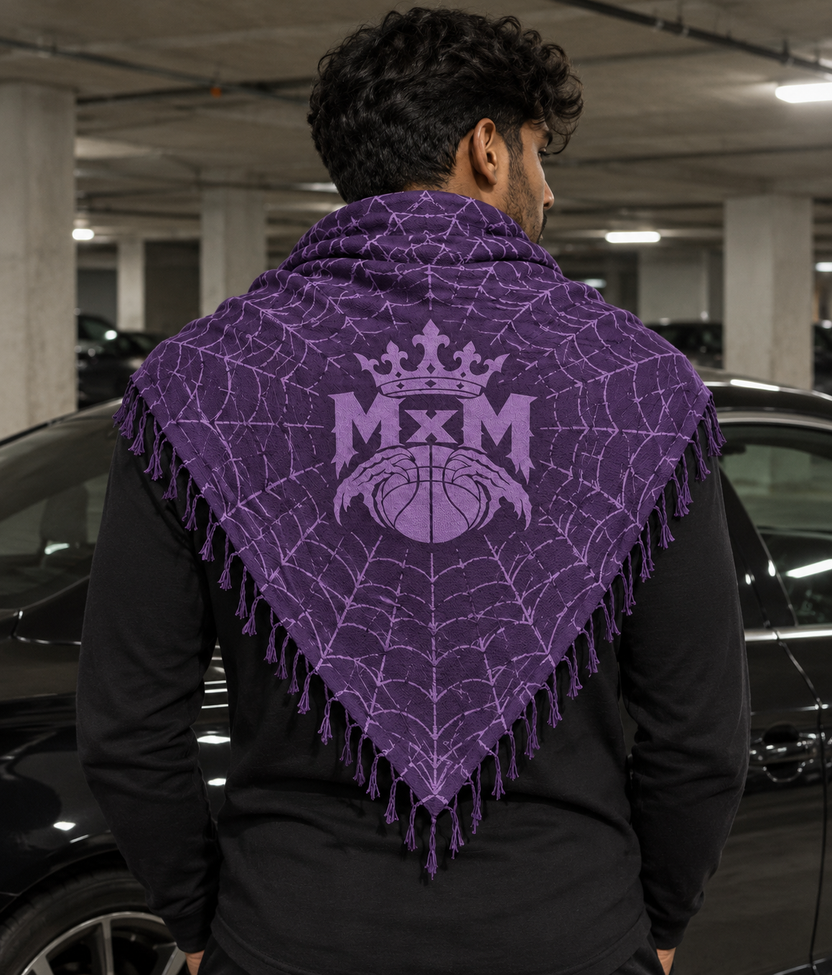 Purple MxM keffaya back MxM logo exact brown template, unique model beside black coupe in underground concrete parking garage