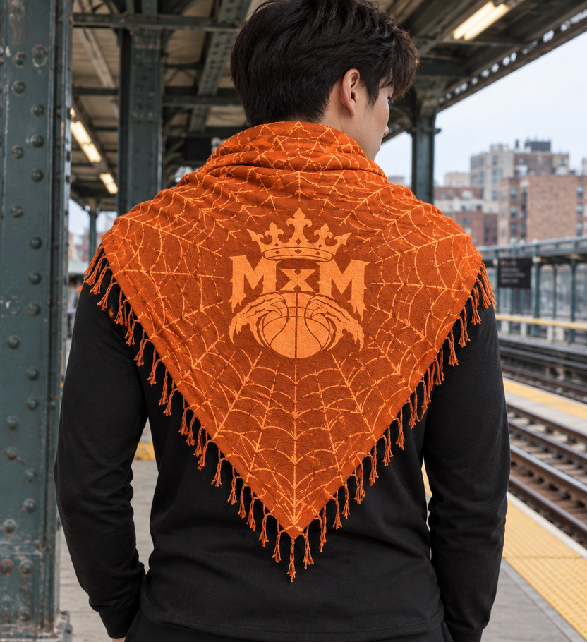 Orange MxM keffaya back MxM logo exact brown template, unique model on elevated subway platform under riveted steel canopy