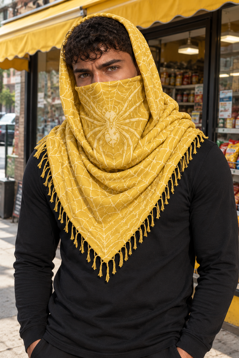 Yellow MxM keffaya front spider face placement exact brown template, unique model outside corner deli with yellow awning and ordinary glass storefront