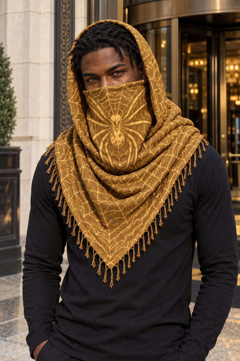 Gold MxM keffaya front spider face placement exact brown template, unique model outside grand hotel dark bronze revolving door and warm limestone facade