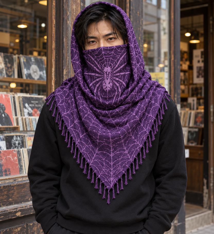 Purple keffaya front with brown reference spider placement over face, record shop model