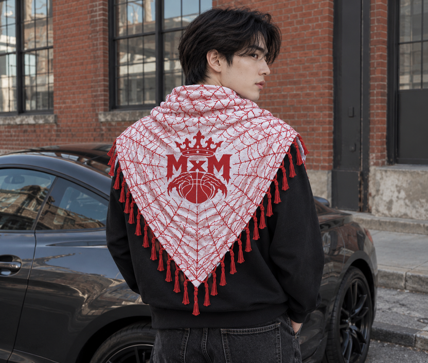 Red & White MxM keffaya back MxM logo view, unique model beside graphite sports coupe at curb of red brick warehouse