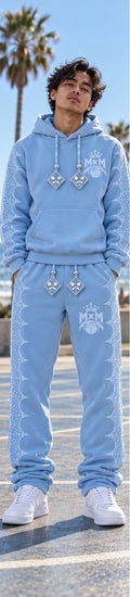 Light blue MxM pullover set front view with jeweled cord charms