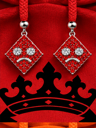 Matching identical red diamond rhinestone drawstring charms — detail view