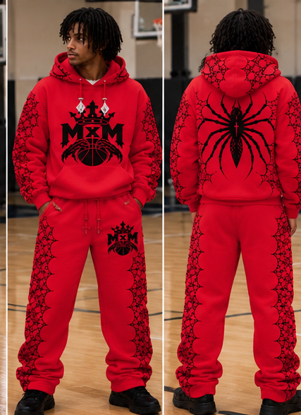 MxM red tracksuit modeled front and back
