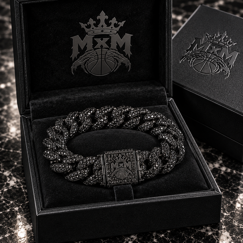 MxM black iced bracelet in matching black embossed gift box, photorealistic preorder design visualization.