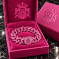 MxM pink iced bracelet in matching pink embossed gift box, photorealistic preorder design visualization.