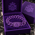 MxM purple iced bracelet in matching purple embossed gift box, photorealistic preorder design visualization.
