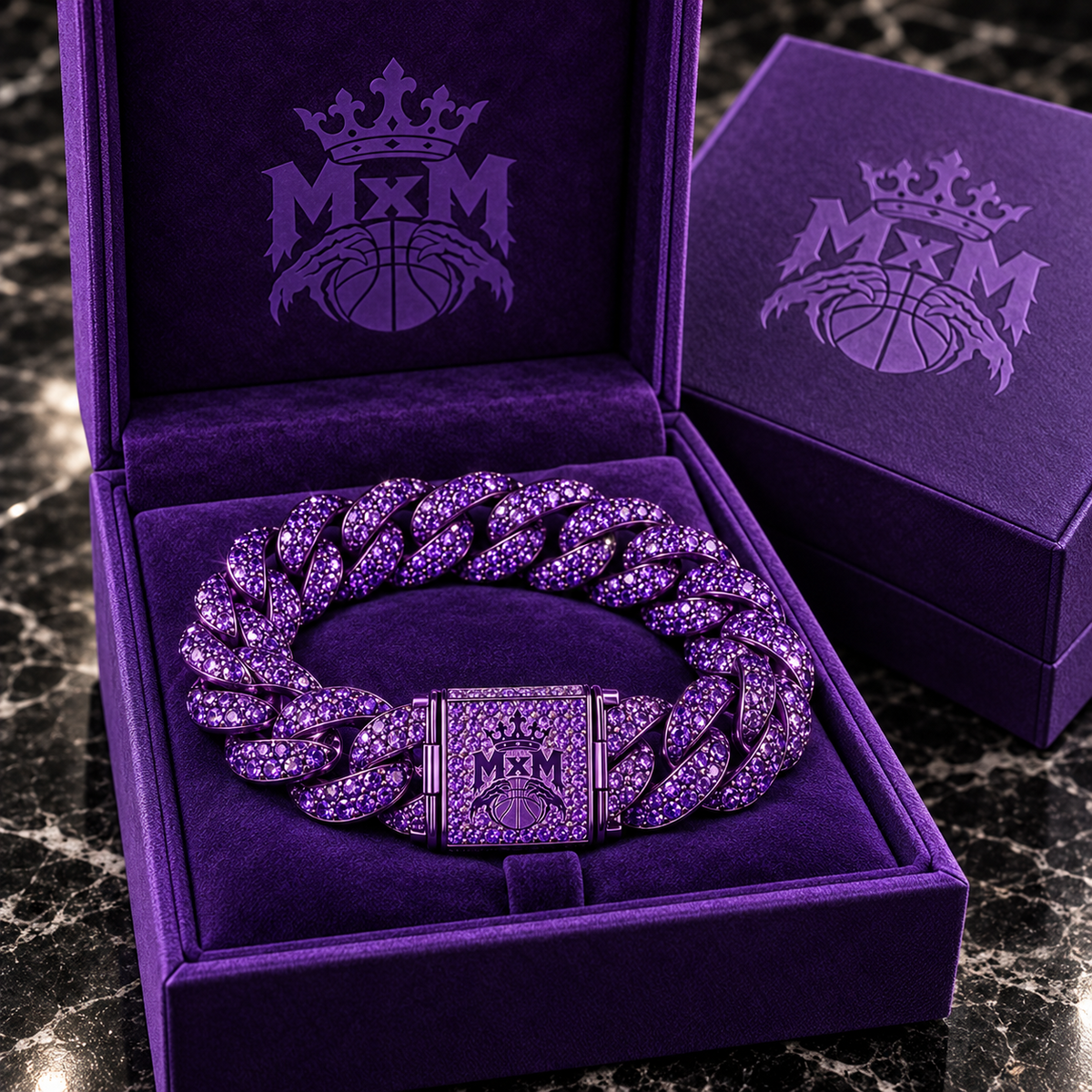MxM purple iced bracelet in matching purple embossed gift box, photorealistic preorder design visualization.