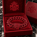 MxM red iced bracelet in matching red embossed gift box, photorealistic preorder design visualization.