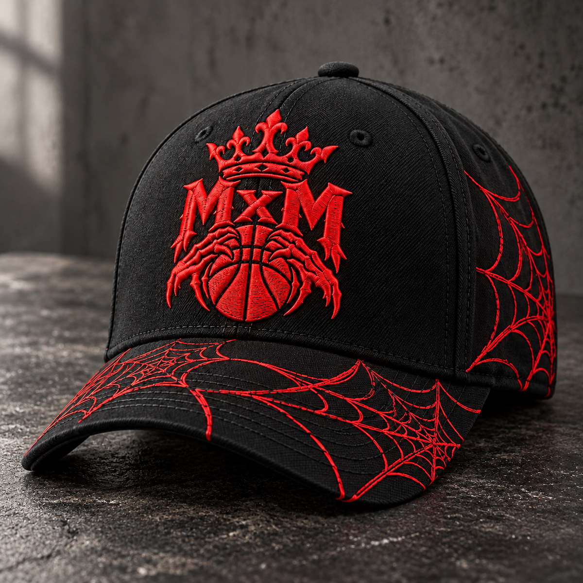 MxM Crown Web Cap — Black / Red (Preorder) on stone surface
