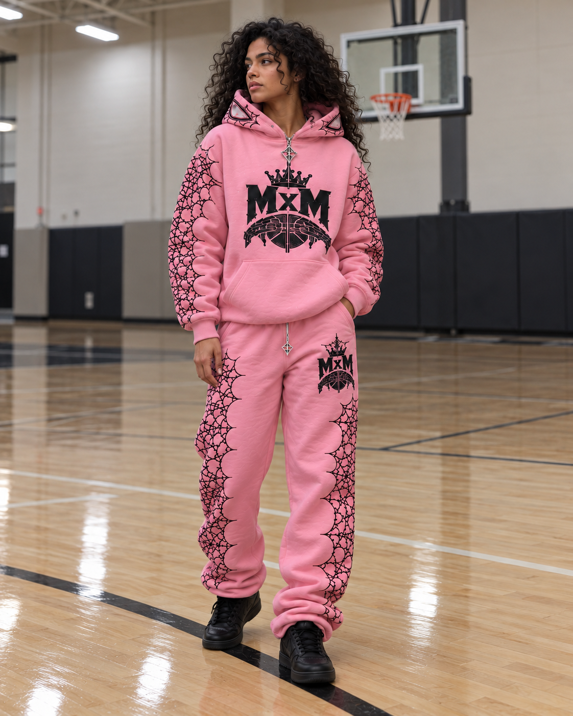 AI design mockup: MxM pink Webwear front view. See product description for included items.
