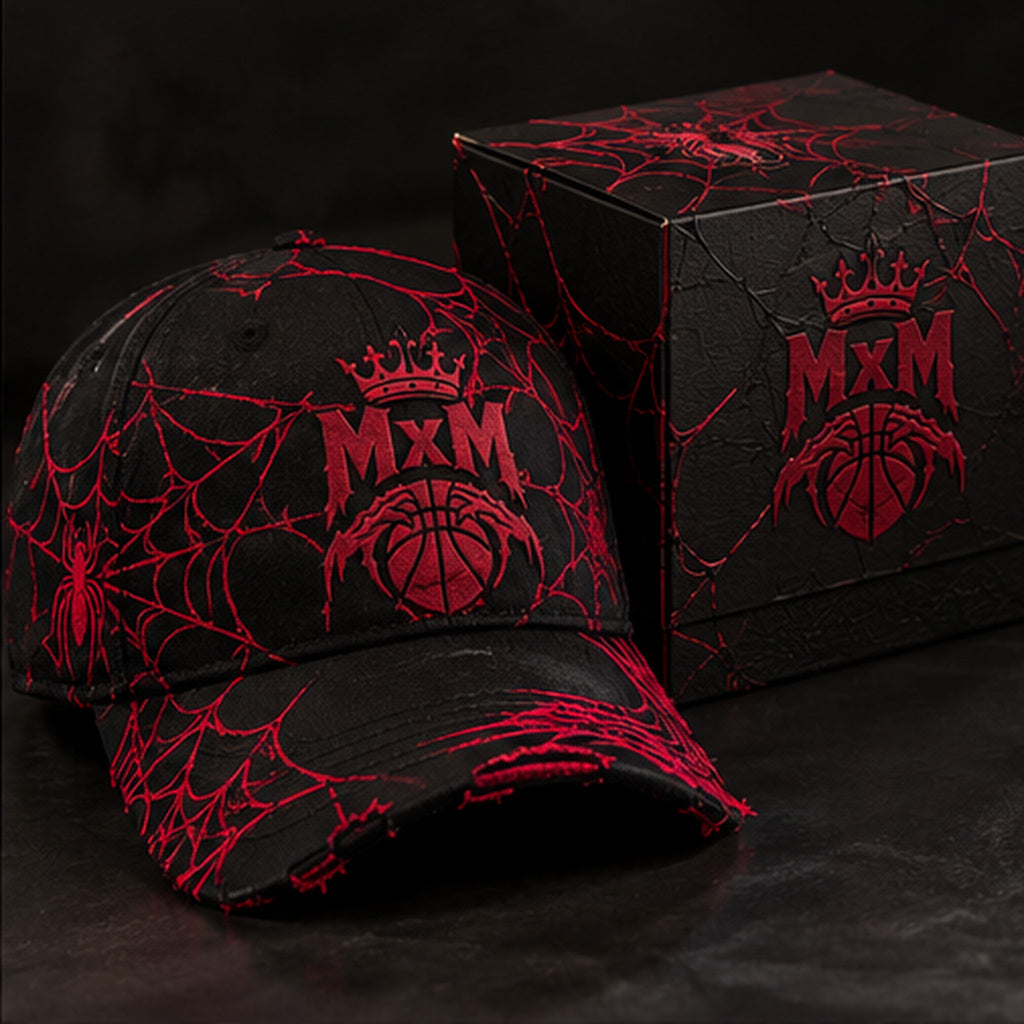 black/red cap, showcased with matching-color embossed MxM branded presentation packaging. Photorealistic concept mockup for preorder; packaging specification pending manufacturer confirmation.