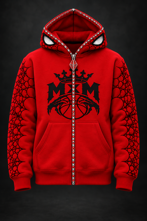 AI design mockup: red MxM Full Zip hoodie with open pockets and red iced-look hardware.