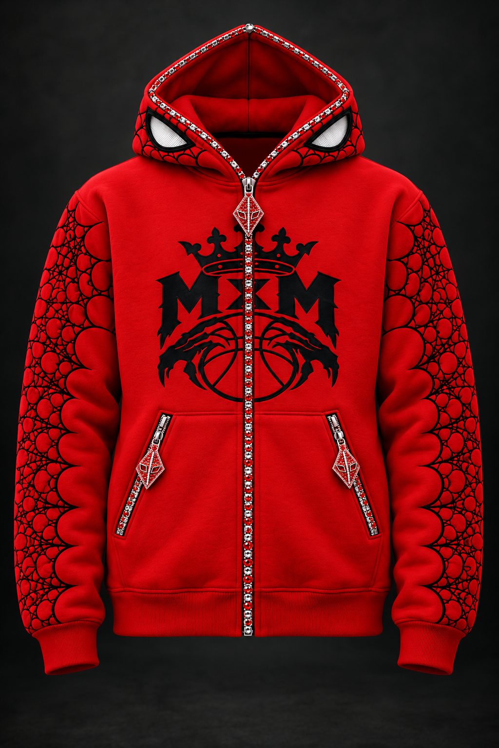 AI design mockup: red MxM Full Zip hoodie with zipped pockets and red iced-look hardware.