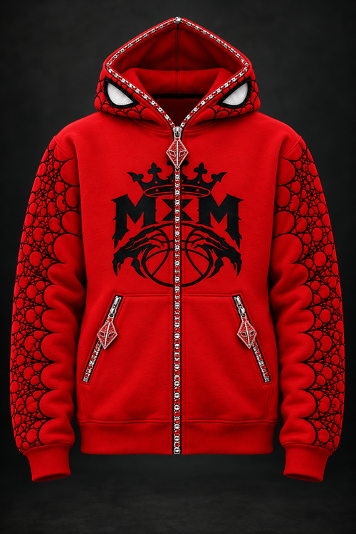 AI design mockup: red MxM Full Zip hoodie with zipped pockets and red iced-look hardware.