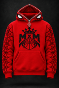 AI design mockup: red MxM Hood-Zip Hybrid hoodie with open pockets and red iced-look hardware.