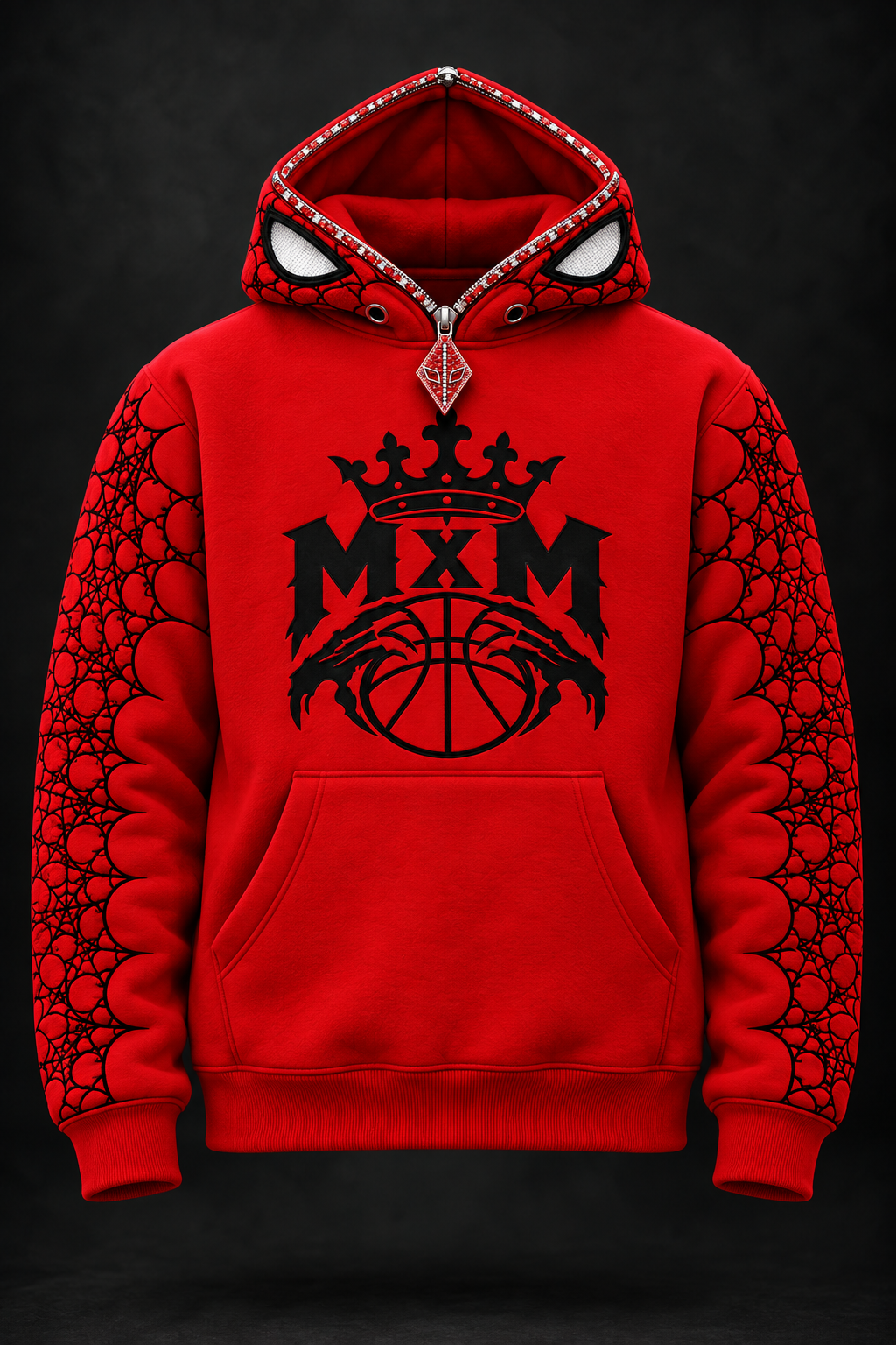 AI design mockup: red MxM Hood-Zip Hybrid hoodie with open pockets and red iced-look hardware.