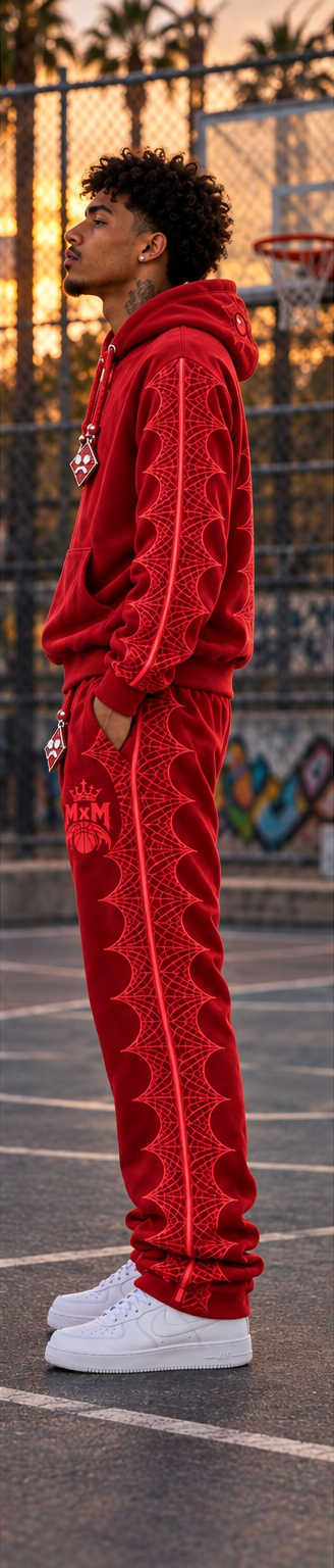Red MxM sweatpants side view with pointed spiderweb panel