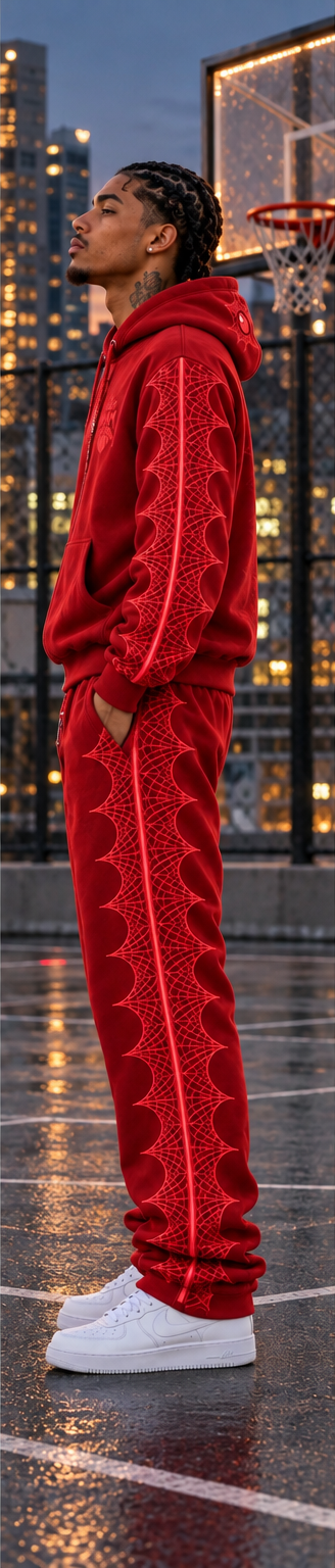 Red MxM full zip set side view with pointed spiderweb panels