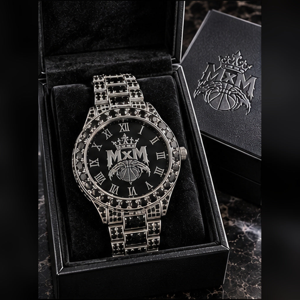 MxM round iced watch in Black finish with matching black MxM presentation box; photorealistic preorder design mockup.