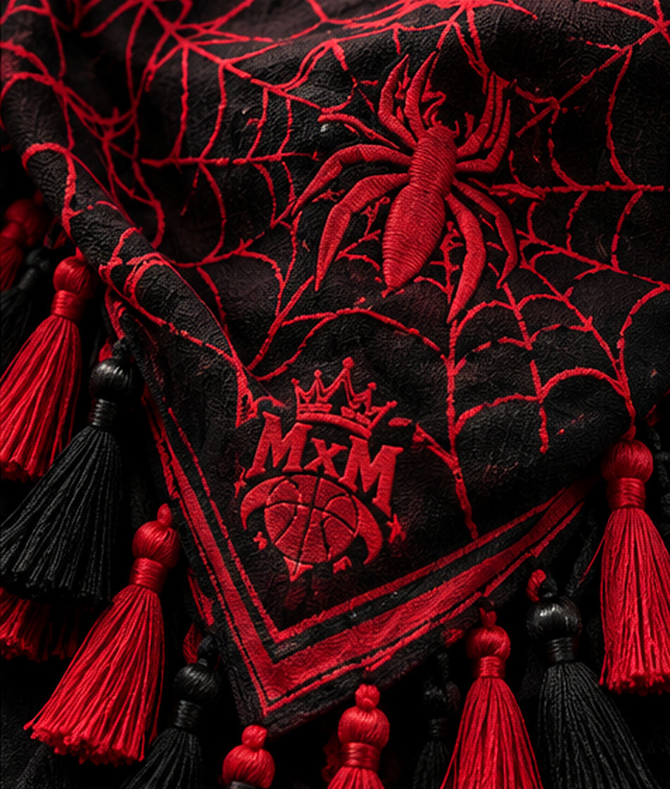 Black and red MxM keffiyah close-up of embroidered web, spider, woven fabric, logo and tassels. Product design visualization.