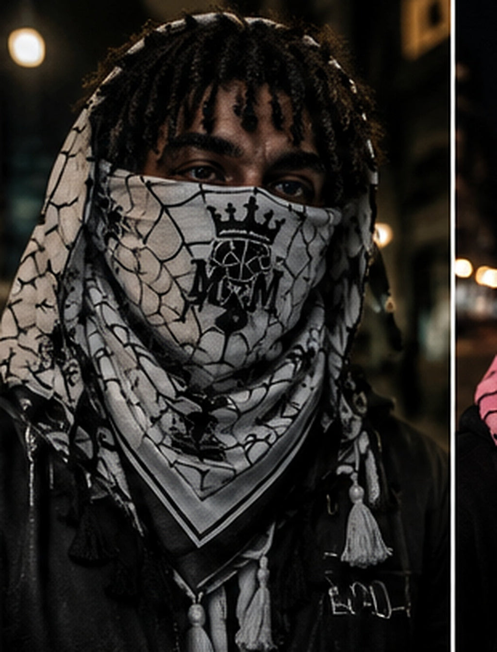 Black and white — model wearing hooded MxM webbed keffiyah; product concept visualization