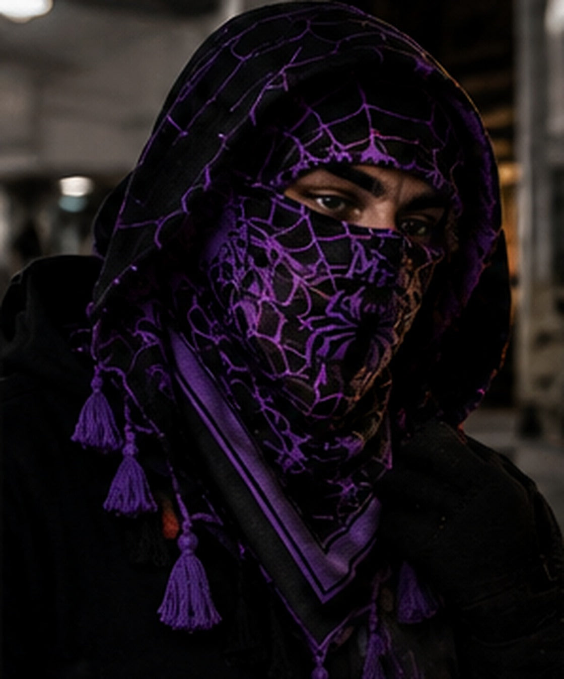 Purple — model wearing hooded MxM webbed keffiyah and tassels; product concept visualization