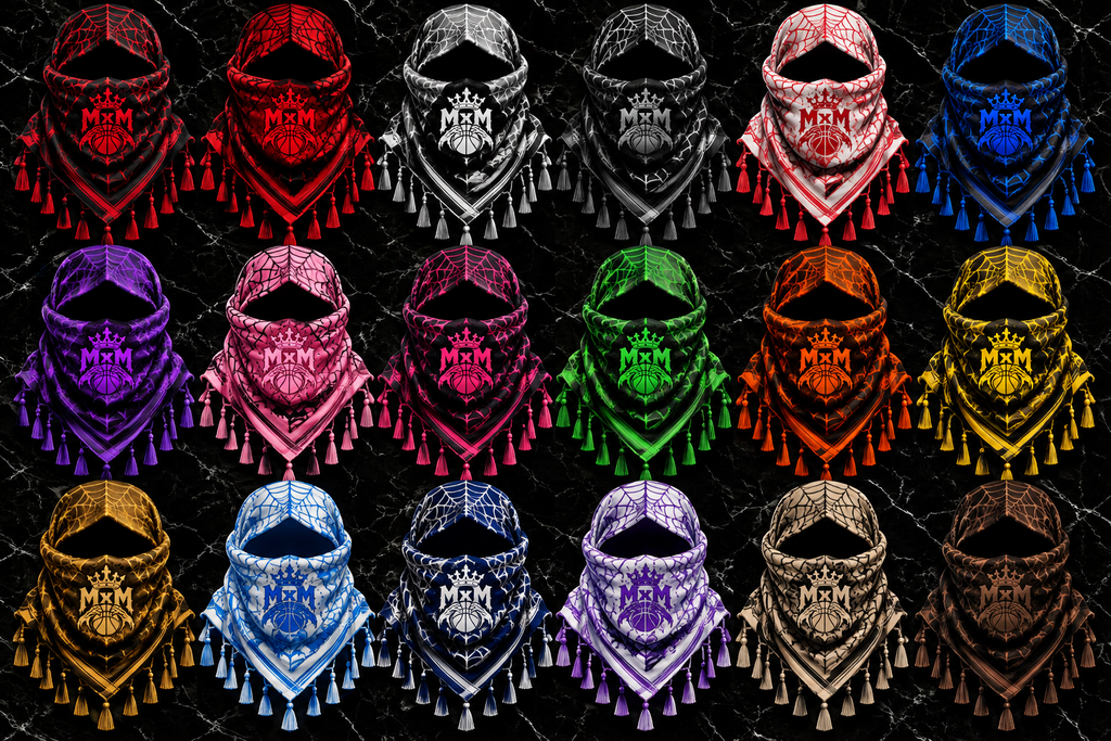 MxM webbed keffiyah scarf collection featuring crowned MxM logo across multiple colorway design concepts