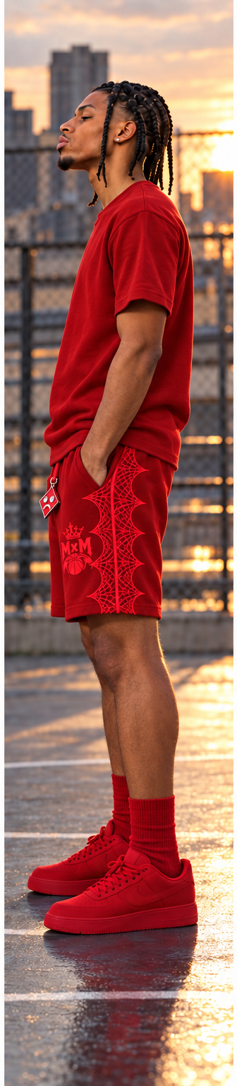 Red MxM spiderweb shorts side view